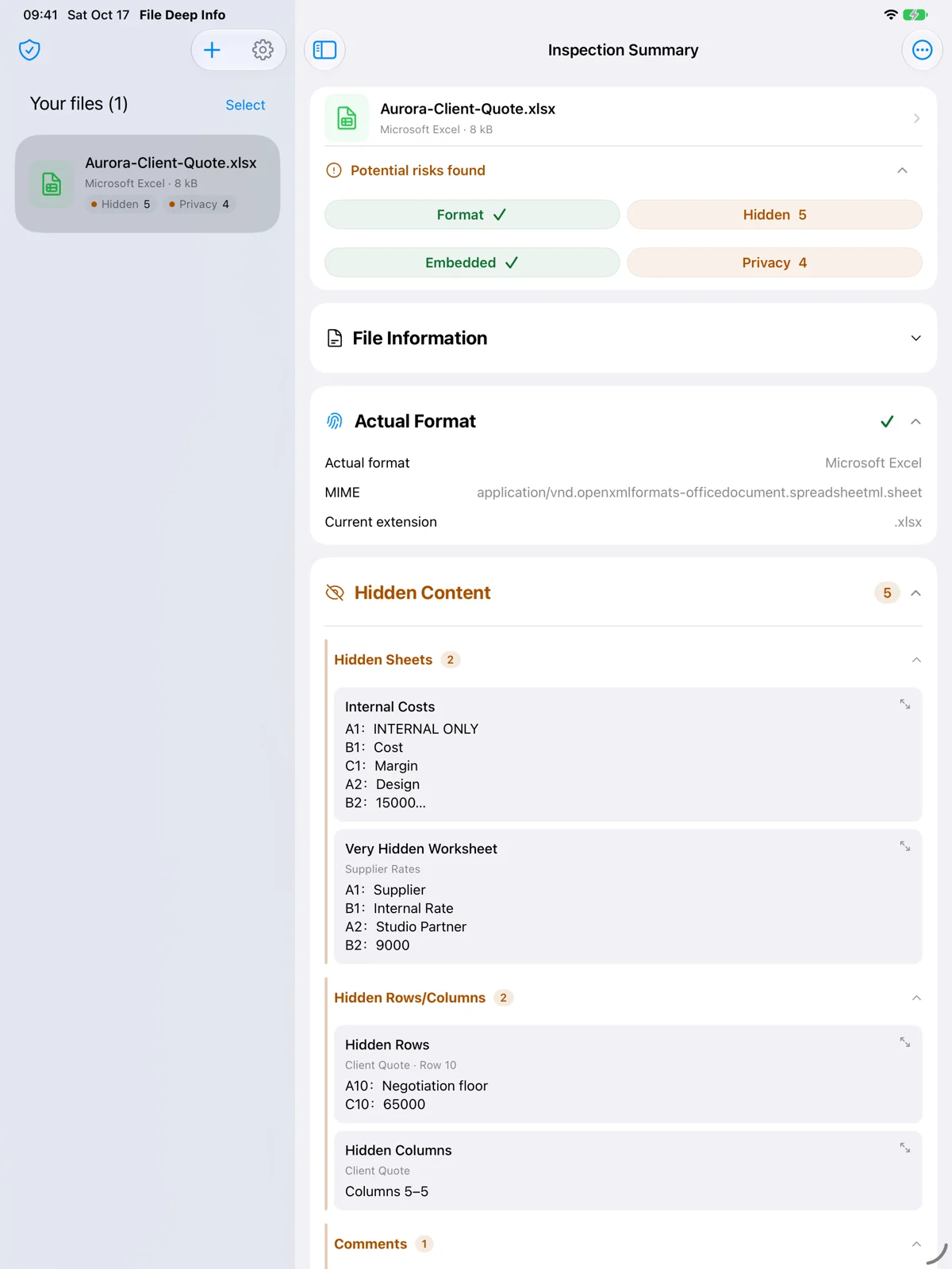 iPad · Liste des fichiers et détails côte à côte