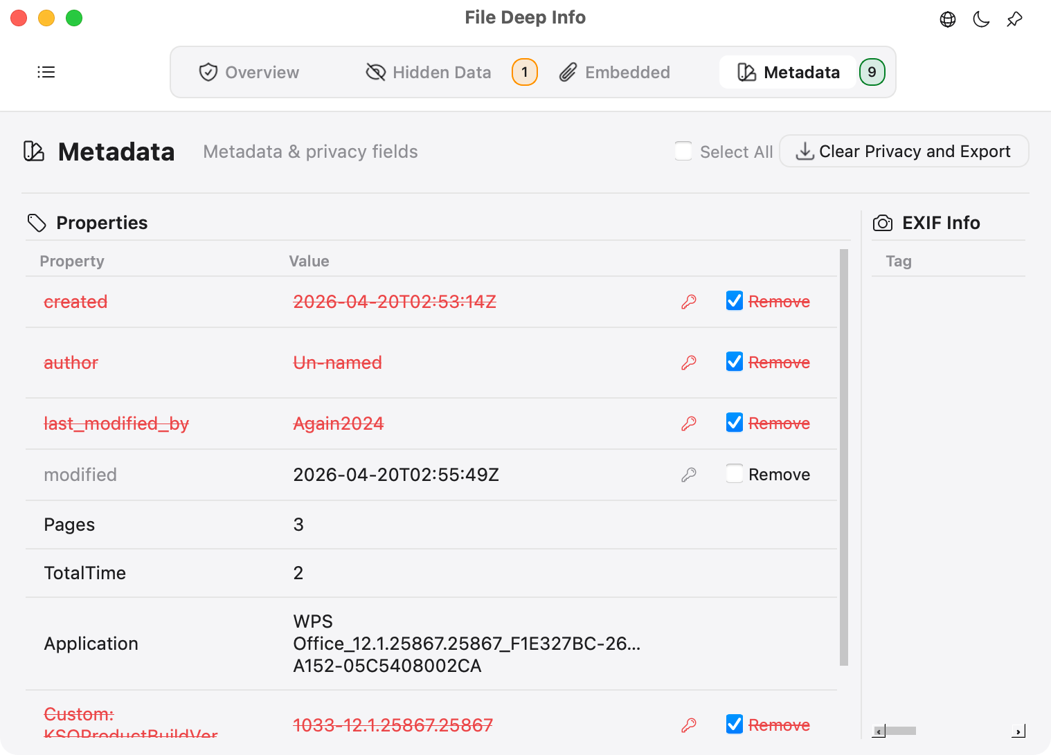 Sélection et nettoyage des métadonnées privées